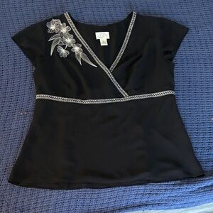 LOFT Black Top with White Floral Detail